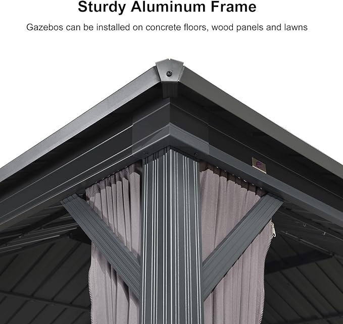 PURPLE LEAF 12' X 16' Permanent Hardtop Gazebo Outdoor Aluminum Gazebo with Heavy Duty Galvanized Steel Double Roof for Patio Lawn Garden Aluminum with Netting and Curtains Grey