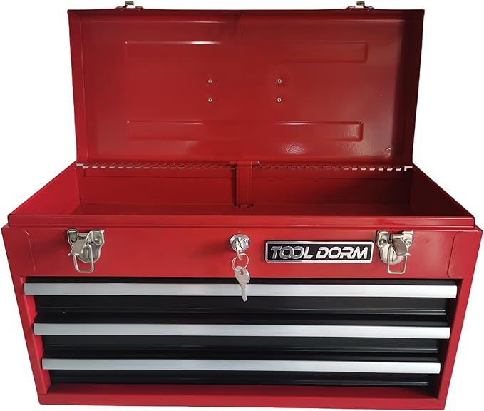 20.3¡° Metal Tool Box with Drawer Portable Steel Tool Box with Protective Liner and Latch Closure and Lock for Garage, Home and Warehouse (Red & Black-3 Drawers)