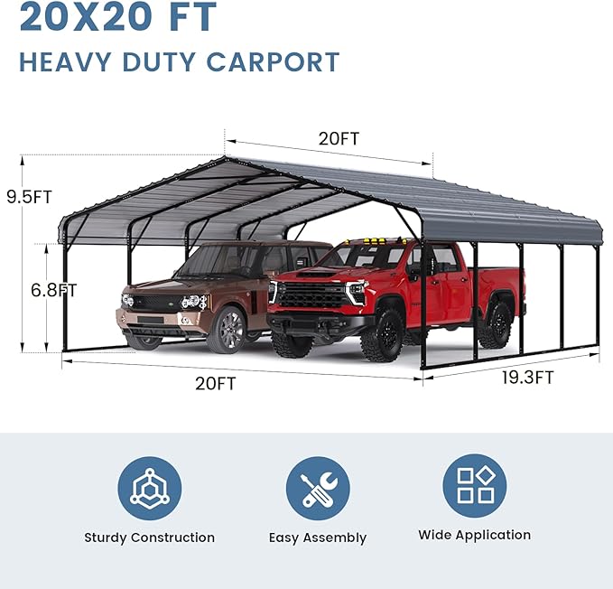 EROMMY 20x20 FT Stable Metal Carport, All-Weather Heavy-Duty Carports with Strong Base, Sturdy Car Shed with Galvanized Steel Roof and Frame, Easy Assembly Car Port for 2 Cars, Tractors, Boat, Gray