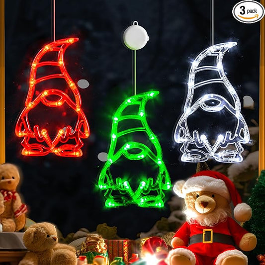 LOLStar Christmas Window Lights 3 Pack Red White and Green Gnomes Xmas Lights with Suction Cups 2024 Upgrade Timer Function and Slowly Fade Mode Battery Operated Indoor Decors Christmas Decorations