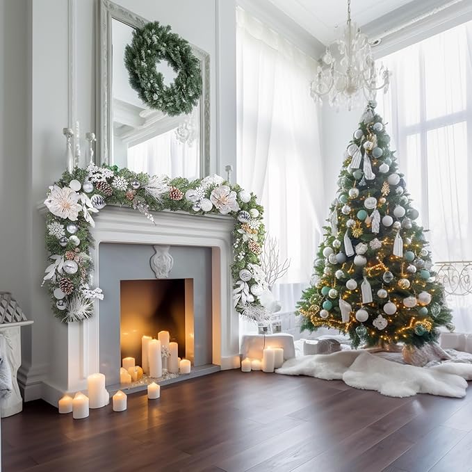 WBHome Pre-lit 6 Feet/72 Inch Christmas Garland, White & Silver Lighted Garland with 35 LED Lights for Indoor Outdoor Xmas Decor Holiday Decorations, Battery Operated (Batteries NOT Included)