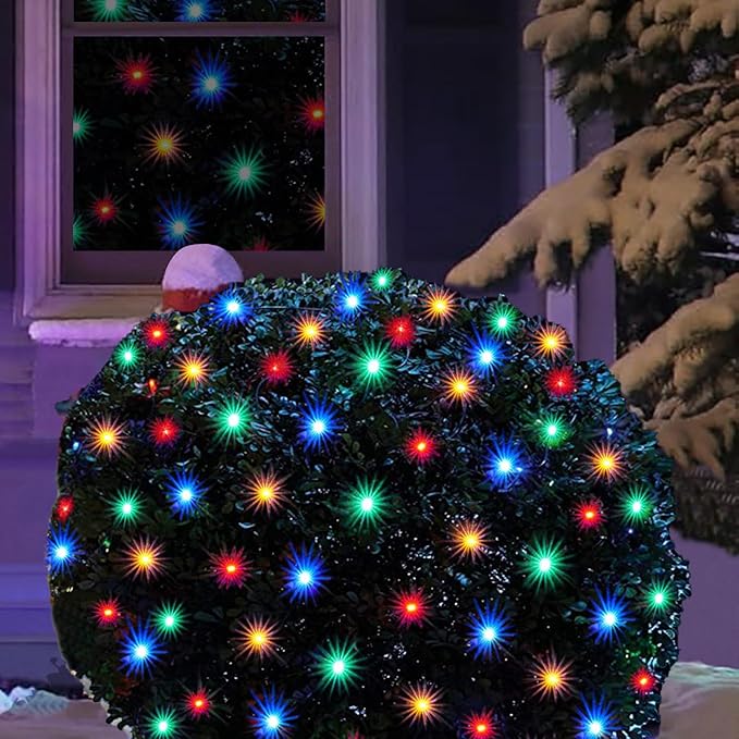 LED Christmas Net Lights Outdoor Christmas Decorations for Bushes,144LED 6ftx6ft Connectable Green Wire Net Christmas Lights for Outdoor indoor Yard Mesh Shrub Tree Decor ,UL Certified(Multicolor)