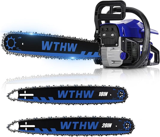 58 cc Gas Powered Chainsaw, 20 in & 18 in Quick-Switch Bars – 550 ml Fuel 260 ml Oil Tanks, Automatic Chain Oiler, Centrifugal Air Filter, Quick Start, Inertial Chain Brake (WH5806)