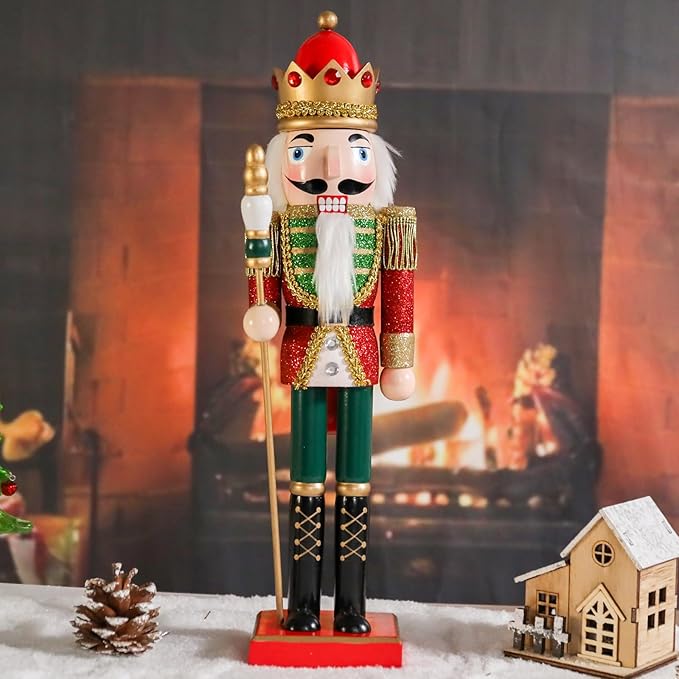 Christmas Nutcracker Decorations Nutcracker Figure 15 Inch Wooden Nutcrackers Collectible Ornament Nutcrackers Soldier for Table Desktop Home Christmas Decor Xmas Indoor Decor Shiny Red