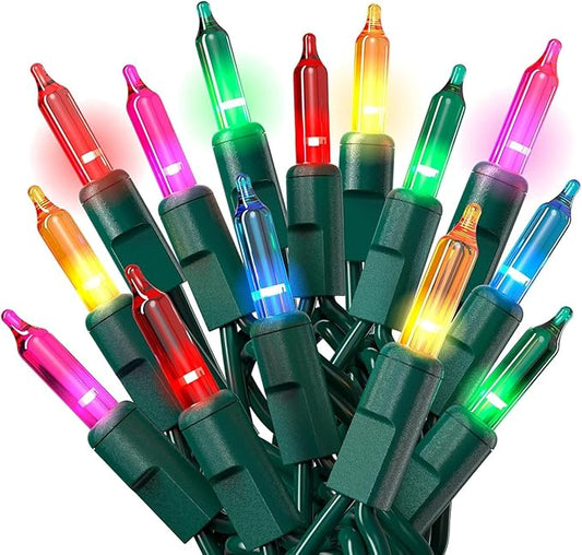 PREXTEX 50 Ct. Multi-Color Christmas Tree Lights with Green Wire - 10 Ft String Lights for Indoor and Outdoor Use - Multicolor Incandescent Christmas Tree Decoration with End-to-End Connectors