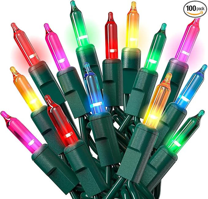 PREXTEX Christmas String Lights with Green Wire - 100 Count, 20 Ft Multicolored Christmas Tree Lights for Xmas Decorations Indoor and Outdoor - Incandescent String Light for Patios, Fences, Holidays
