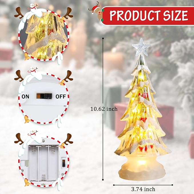 Small Christmas Tree White Acrylic Tree with Red Berries 11 Inch Tabletop Christmas Tree with LED Lights Timer Vintage Christmas Decoration Battery Operated Medium Transparent