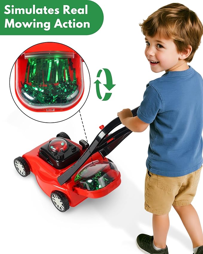Kids Lawn Mower with Realistic Grass-Cutting Action and Sounds – No Batteries Required | Fun Outdoor Push Toy, Birthday Gift & Holiday Present for 3, 4, 5, 6, 7, 8 Year Old Boys and Girls (Red)