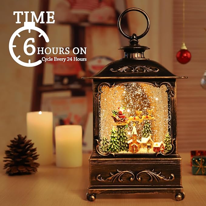 Christmas Decorations Christmas Snow Globe Glittering Lantern with Music & Timer, Christmas Lanterns USB Lined/Battery Operated Lighted Lantern for Decoration Gifts
