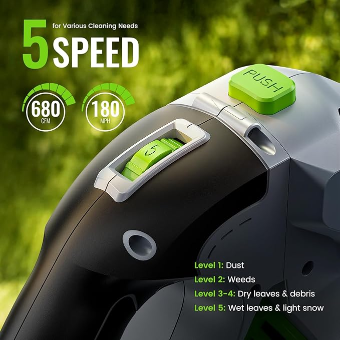 Leaf Blower Cordless, 680CFM Leaf Blowers with 2 x 4.0Ah Batteries & Charger, 5-Speed Brushless Motor, Lightweight Snow Blower Grass Blowers for Lawn Care, Patio, Yard, Blows Leaves, Snow