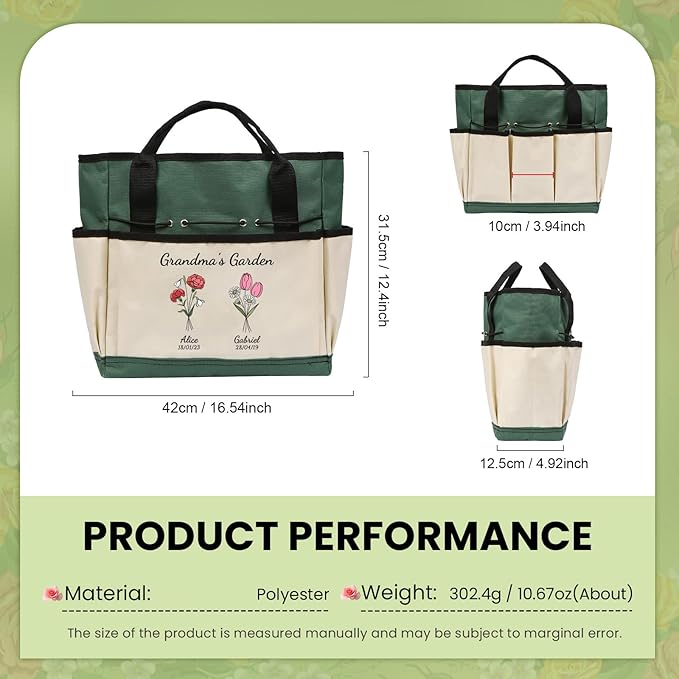 Personalized Garden Tools Set for Women: Custom Text Garden Tool Bag and Garden Shovel & Transplant Shovel & Hand Rake - Gardening Gifts for Mom Grandma Gardening Lover (2 Flowers)