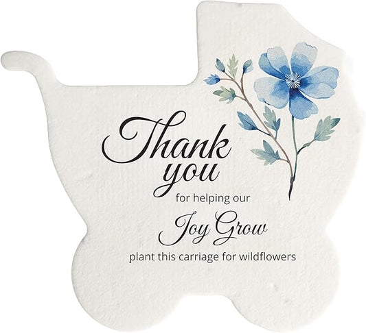 Baby Carriage Seed Paper – 12 pcs Blue Baby Shower Favors for Guests with Wildflower Seeds, Writable & Plantable, Gender Reveal, Birthday Gifts for Guest