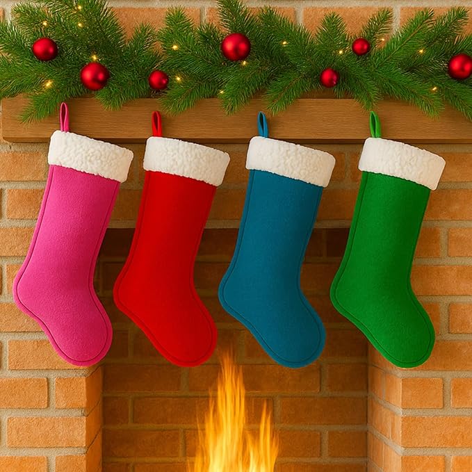 Christmas Stockings for Family Holiday Decorations and Xmas Tree Fireplace (6, Navy Blue-Grain-Large)