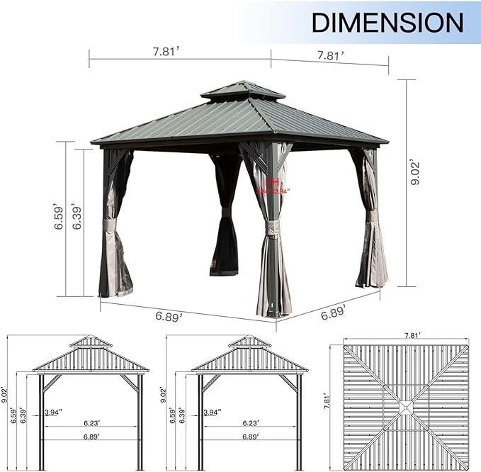 Domi 8’ X 8’ Hardtop Gazebo Canopy with Netting & Curtains, Outdoor Gazebo with Galvanized Steel Double Roof for Patio Lawn and Garden, Gray