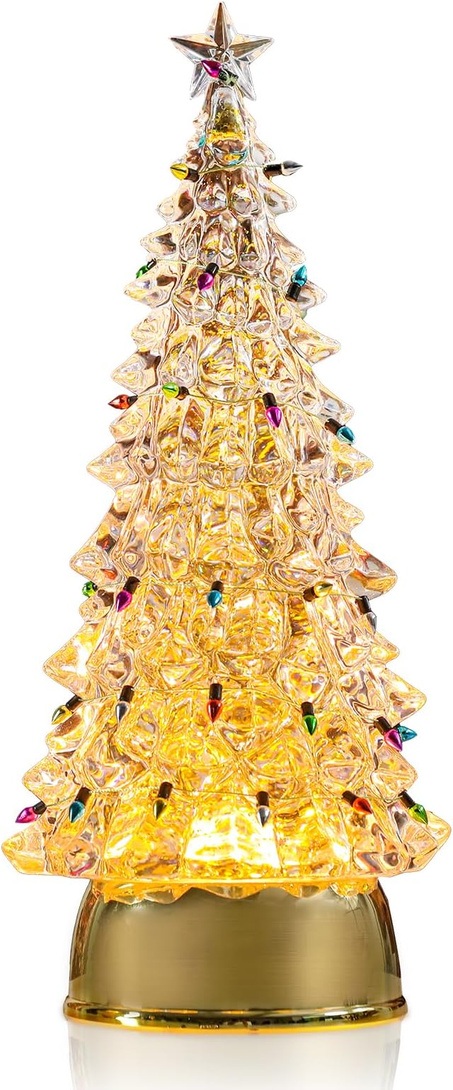 Small Christmas Tree White Acrylic Tree with LED Lights Small Bell 12 Inch Tabletop Christmas Tree Vintage Christmas Decoration Battery Operated