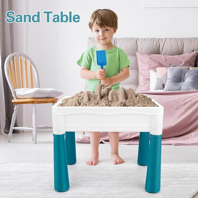 Kids Activity Table, 6-in-1 Play Table Chair Set - Adjustable Height, Storage Box, 105pcs Marble Run Building Blocks, Water & Sand Table Playset Toy Gift for Toddlers