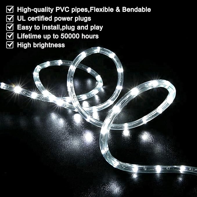 SURNIE Rope Lights Outdoor Waterproof Daylight White: LED 100FT Cuttable Outside Bright 110V Lighting 6000K Connectable Flexible Cool Clear Tube, Indoor Deck Patio Xmas Camping Decor, Not Flat Strip