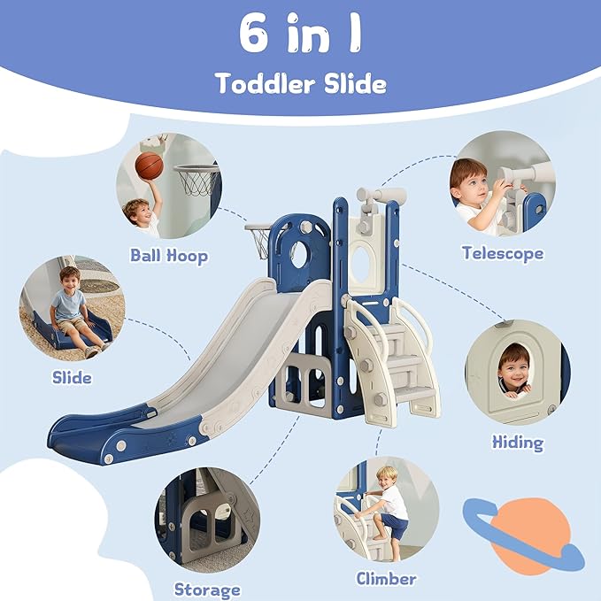 6 in 1 Toddler Slide, Kids Slider for 1-3, Indoor Outdoor Playset Playground with Basketball Hoop, Storage, Climber and Telescope, Great Gift for Baby & Child, Blue and White