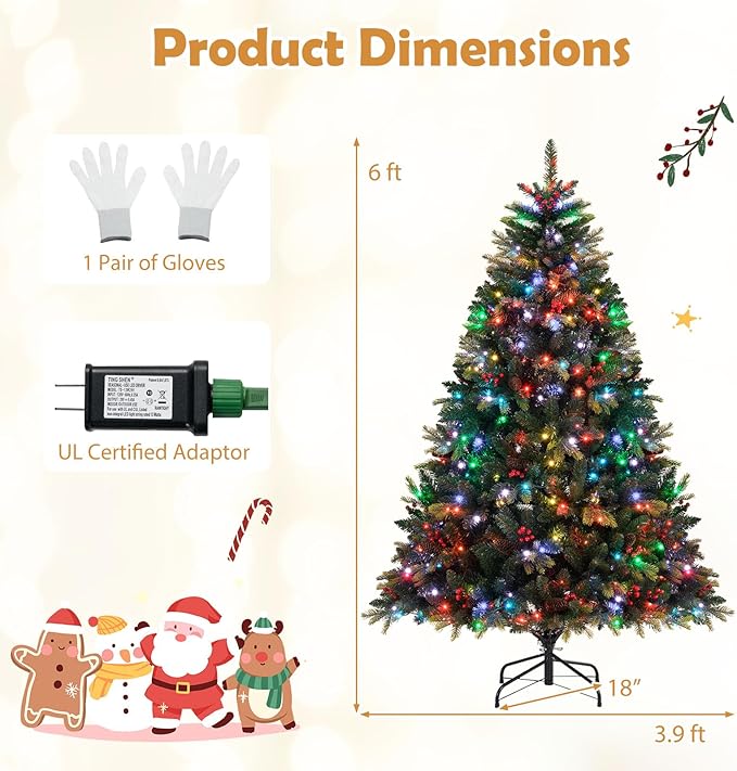 GOFLAME 6FT Pre-lit Artificial Christmas Tree, Hinged Xmas Tree with Remote and App Control, 370 Color & Mode Changing RGB Lights, Timer, 1054 Branch Tips, Pine Cones and Red Berries