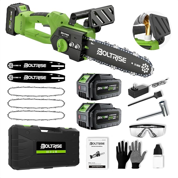 12 Inch Cordless Brushless Electric Chainsaw, 2 × 4.0Ah Batteries & Auto Oiler Security Lock, 42 FT/S Powered Compact HandHeld Chain Saw, for Tree Trimming, Wood Cutting Garden, Pruning