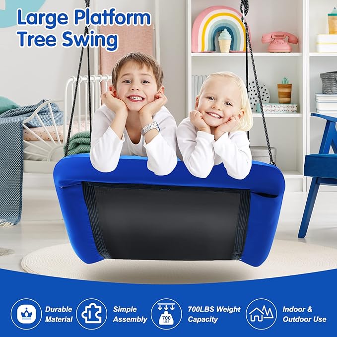 Costzon 700 lbs Giant 60'' Platform Tree Swing for Kids and Adult, Indoor/Outdoor Large Swing with Oxford Fabric, Adjustable Hanging Ropes, Suitable for Park, Playground, Backyard (Blue)