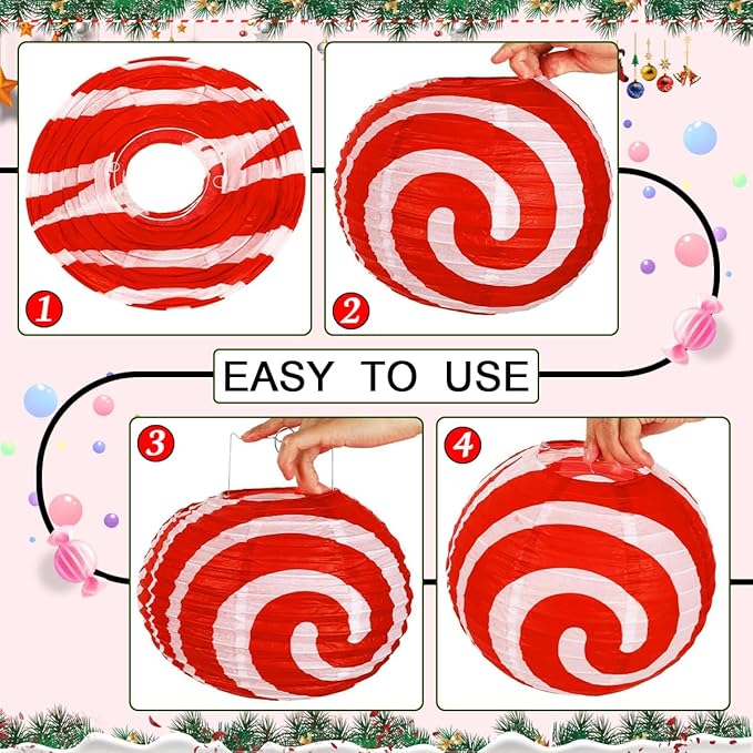 12 PCS Peppermint Christmas Paper Lanterns 12 Inch Round Red Green Xmas Hanging Paper Lanterns Set Candy Canes Lantern Party Decorations for Xmas Indoor Outdoor