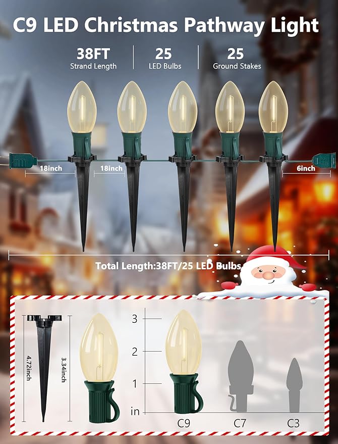 38FT LED Outdoor Christmas Pathway Lights,25 Warm White Extendable Waterproof Christmas Walkway Lights with C9 LED Bulbs and Stakes for Walkway Backyard Snowfield Christmas Decorations