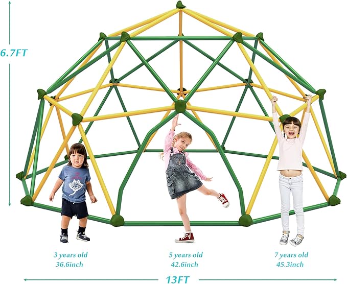 13ft Climbing Dome, Geometric Dome Climber Play Center, Kids Climbing Dome Tower, Rust & UV Resistant Steel Supporting 1000 LBS, Green + Yellow