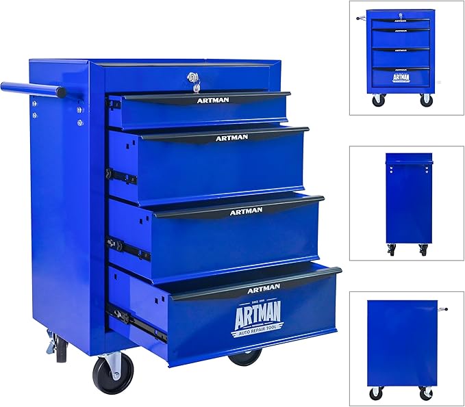 RYH 4 Drawers Rolling Tool Chest - 13 D x 20.9 W x 30.5 H Heavy Duty Mobile Tool Cart with Locking Wheels & Ball Bearing Drawers, Garage Tool Storage Cabinet (Blue, 4 Drawers)