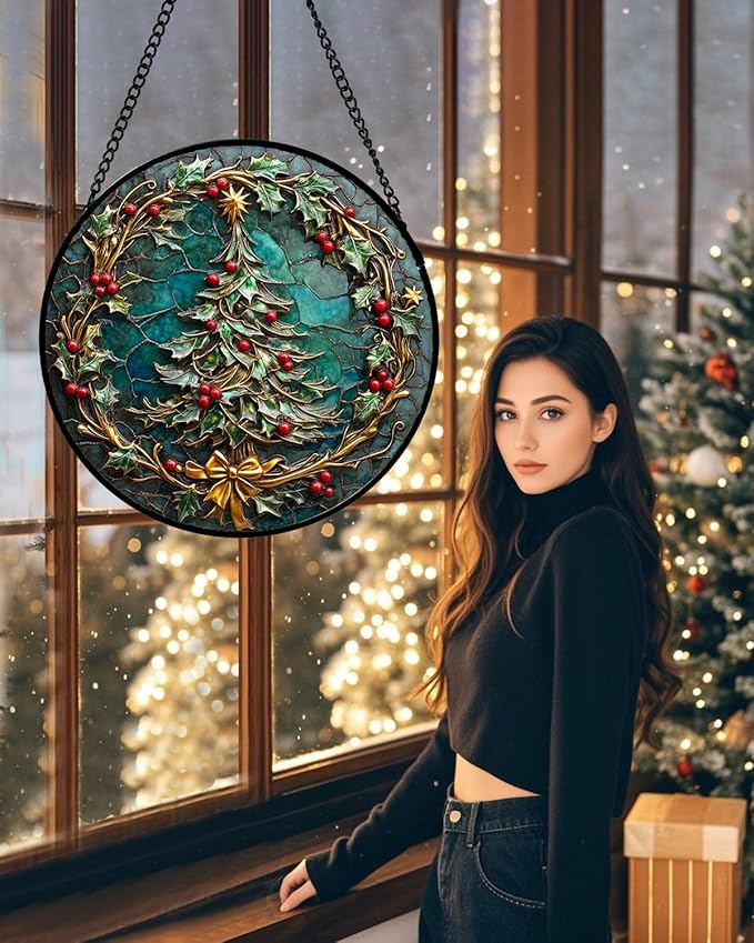 Stained Glass Window Hangings - Red Gold Green Wreath Suncatcher for Door Home Christmas Tree Decoration Sun Catcher Thanksgiving New Year Birthday Gift for Women Men Mom Grandma 15 in