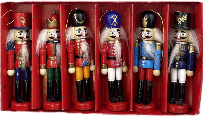 6 PCS Christmas Nutcracker Ornament Set, 4Inch Nutcrackers Tree Ornaments Set, Nutcracker Figures with Opening Mouths Christmas Decorations for Xmas Tree, Table Decor