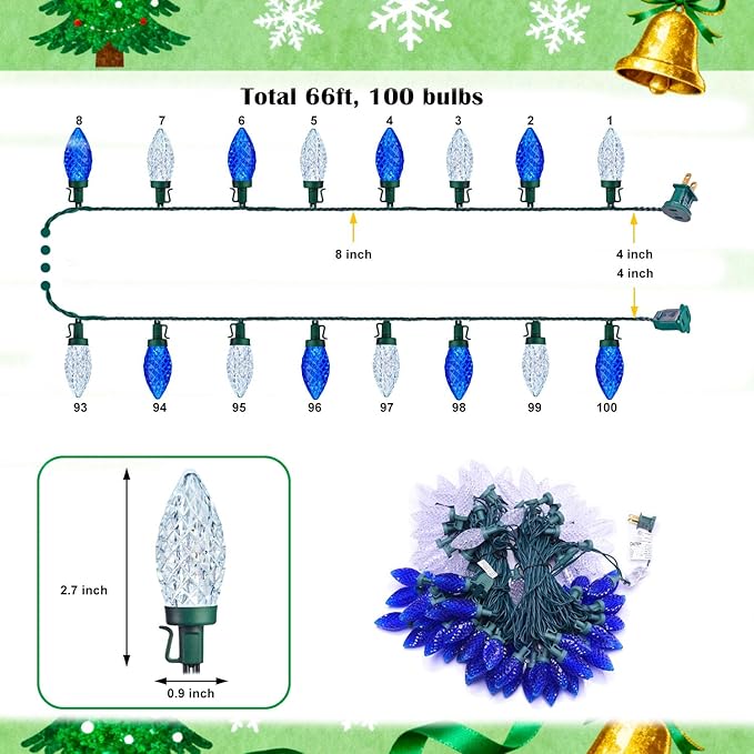 C9 LED Outdoor Christmas Lights,C9 String Lights with Quick Clips,for Xmas House Roof Gutter,Plug in & Connectable,66FT 100 Light,Blue & White