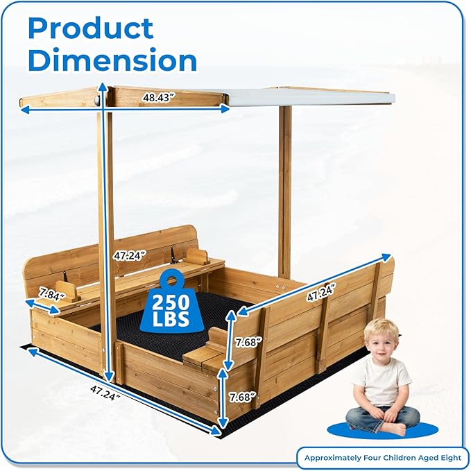 Large Wooden Kids Sandbox with Lid, Outdoor Weatherproof Sand Box with Covers, 2 Foldable Benches, Adjustable Height Canopy, Gift for Kids Aged 2-8 (47x47in)