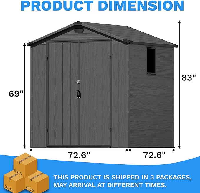 Greesum 6x6FT Plastic Outdoor Storage Shed with Floor, Resin Storaged Sheds with Lockable Double Door, Window and Vents, All-Weather Tool Sheds for Garden, Backyard, Patio, Dark Gray