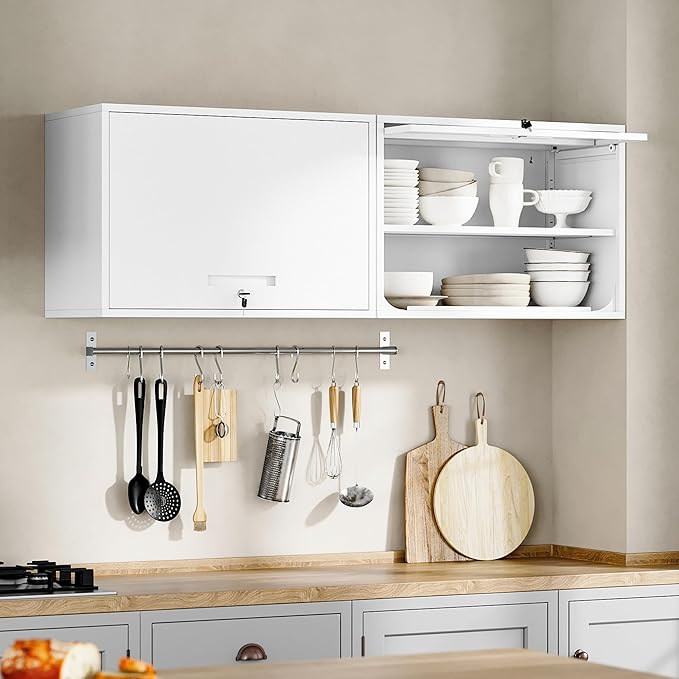 Yizosh Metal Wall Cabinet with Doors and Shelves, Floating Storage Unit for Garage or Basement (White, 21.6 H)