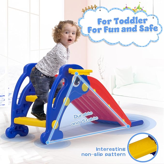3 in 1 Toddler Slide, Baby Slide Plastic Climber Playset with Basketball Hoop and Ball, Indoor and Outdoor Playground for Kids Red