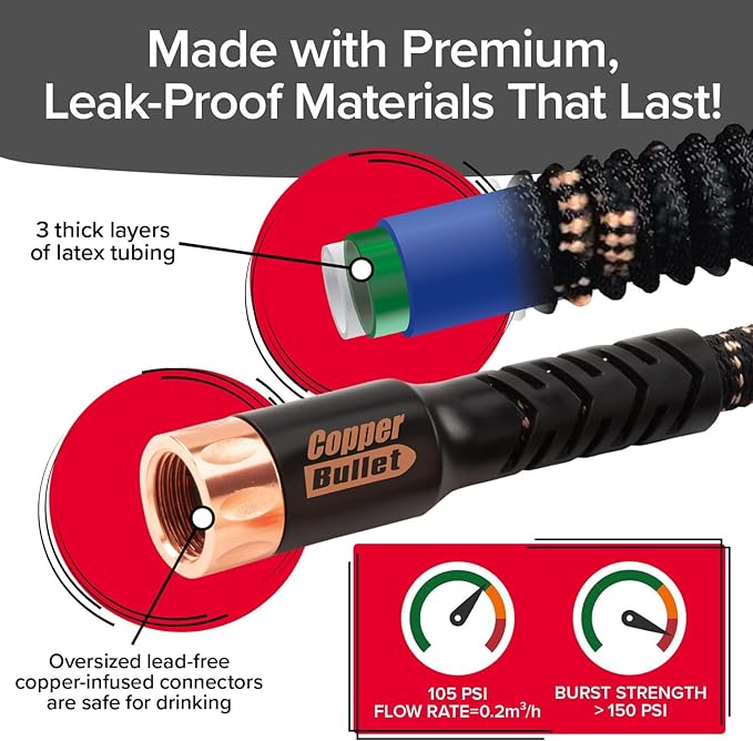 Pocket Hose Copper Bullet Expandable Garden Hose w/10 Pattern Thumb Spray Nozzle AS SEEN ON TV 650psi 3/4 in Patented Lead-Free Ultra-Lightweight Solid Copper Anodized Aluminum (50 Ft)