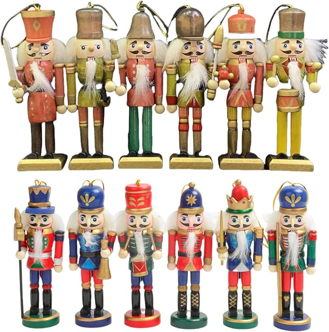 12 PCS Christmas Nutcracker Ornament Set, 4.7Inch Nutcrackers Tree Ornaments Set, Festive Collectible Gift for Winter Table Desktop Fireplace Decorations
