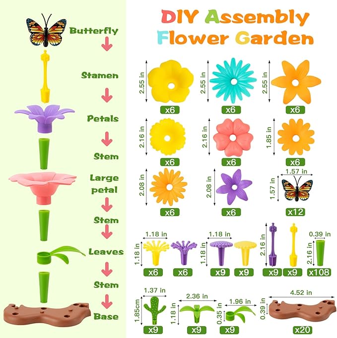 Flower Garden Building Toys for Girls: 272 PCS Kids Gardening Kit Set Gifts for 3 4 5 6 7 Year Old Toddler