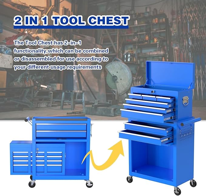 8-Drawer Tool Box with Wheels, Rolling Tool Storage Cabinet with Detachable Top Tool Chest and Locking Mechanism, Metal Tool Cart for Garage Workshop and Room Use (Blue)