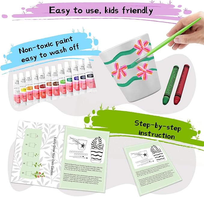 Paint & Plant Children’s Gardening Kit for Girls Boys Toys Garden Flower Gardening Gift for Kids Flower Pots Seeds Art Craft Grow Garden Planting Set for Kids Age 4 5 6 7 8 9 10 11 12 13 14 Years Old