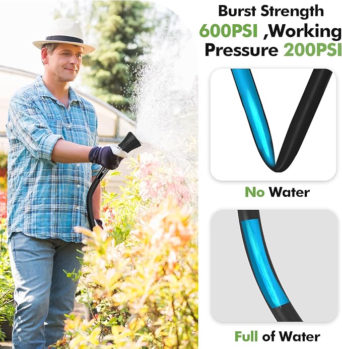 SPECILITE 5/8 Garden Hose 25 ft with High Flow Nozzle, Heavy Duty Flexible Hybrid Rubber Water Hose for Outdoor, Lightweight, Leak-Proof, No-Kink, 3/4Stainless Steel Fittings,Black