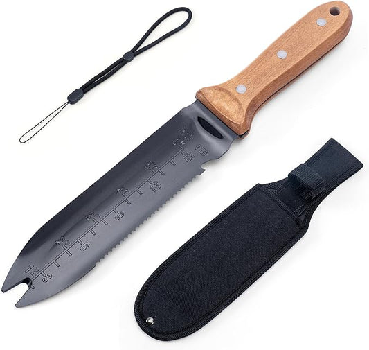 YANG Hori Hori Garden Knife, 7" Stainless Steel Gardening Knife with Oxford Cloth Sheath, Full Tang Beechwood Handle EDC Garden Tool for Dividing Plants & Weeding, Forked Tip for Transplanting