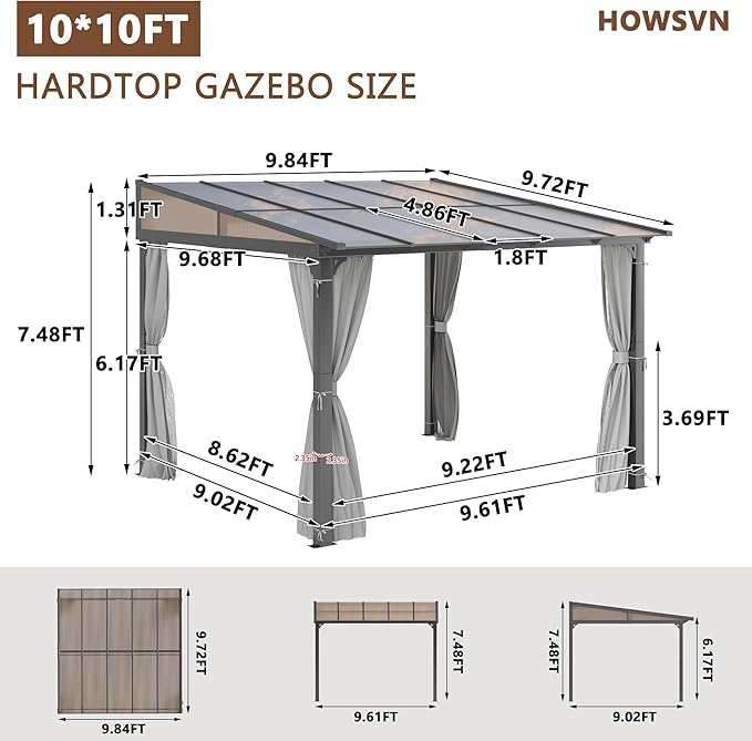 10'x10' Gazebo, Wall Mounted Gazebo with Aluminum Frame, Curtains and Netting for Patio,Decks, Garden and Lawn