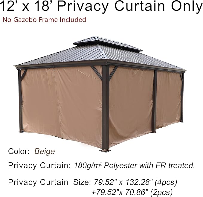 Kozyard Privacy Curtain Outdoor Waterproof Sidewall for Hardtop, OEM Replacement for Patio Gazebo Curtains (12ft x 18ft, Brown)