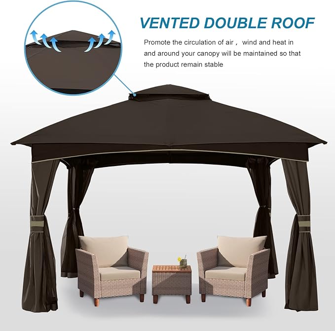 MASTERCANOPY Outdoor Patio Gazebo for Garden with Upgrade Steel Frame and Netting Walls (8x8,Brown)