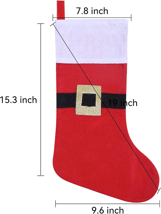 12 Pack Felt Christmas Stockings with Buckle, 19 Inches Red and White Christmas Stockings Hanging Ornaments, White Cuff with Buckle Christmas Stocking for Family Christmas Holiday Decorations