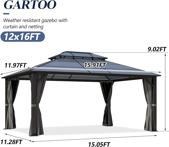GARTOO 12x16FT Polycarbonate Hardtop Gazebo with Double Roof - Heavy-Duty Steel Frame Gazebo with Breathable Netting & Privacy Curtain for Patio, Porch, Garden, Lawn, Deck, Backyard