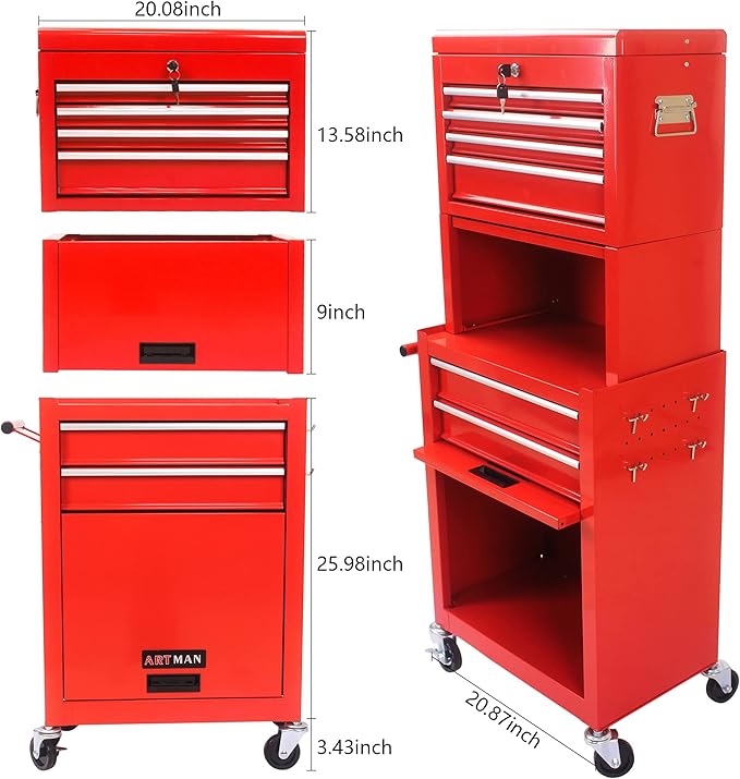 RYH 4-7 Drawers Rolling Tool Chest & Tool Box on Wheels | Heavy Duty Metal Cart with Ball Bearing Drawers | Fits US General Tool Box for Garage Storage (Red, 6 Drawers 3 in 1/51.99 H ¡¿ 20.87 W)