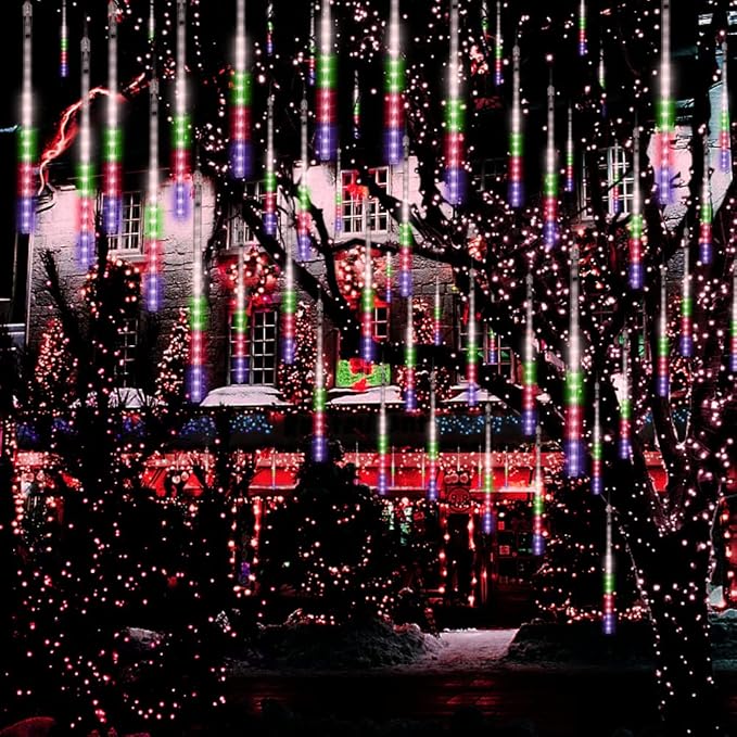 Christmas Lights Outdoor Tree Cascading Icicle Light 8 Tubes 192LED Shooting Star Waterfall Meteor Shower Falling Rain Lights for Xmas Decorations Wedding Party New Year (Multi Color)
